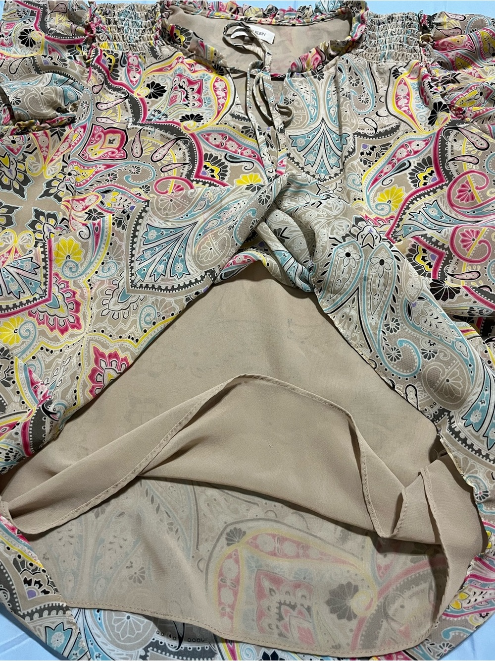 Calvin Klein Paisley Smocked Ruffle Flutter Sleeve Blouse Large - Picture 10 of 13